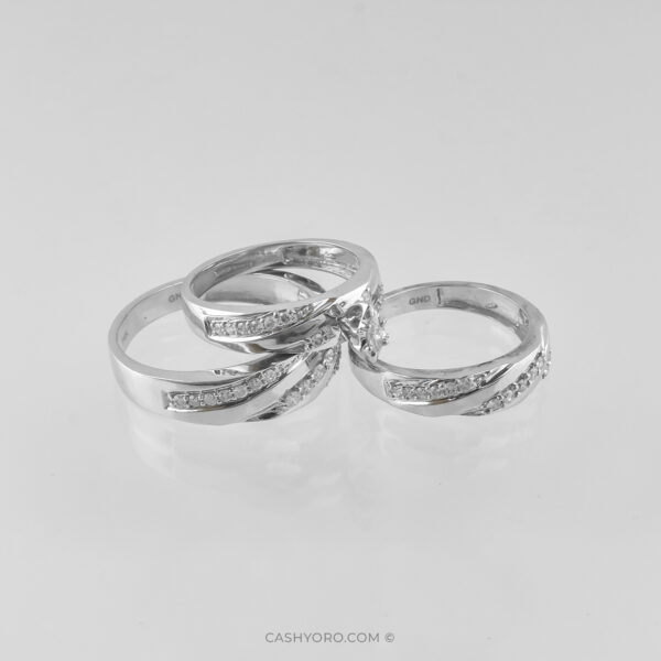 Juego de tres anillos de oro blanco de 14 kilates con diamantes para matrimonio, peso 9.5 Gr Cash y oro