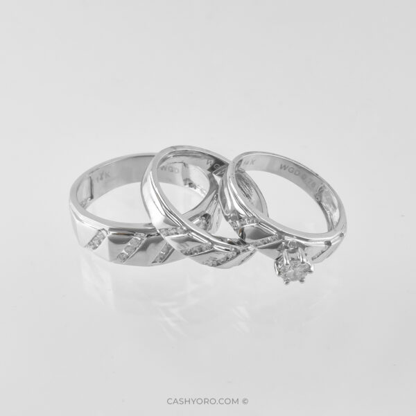 Juego de tres anillos de oro blanco de 14 kilates para matrimonio, peso 9.8 Gr cash y oro