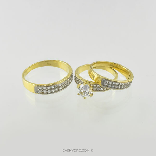 Juego de tres anillos de oro de 14 kilates con piedra de zirconia para matrimonio, peso 9.2 Gr Cash y oro
