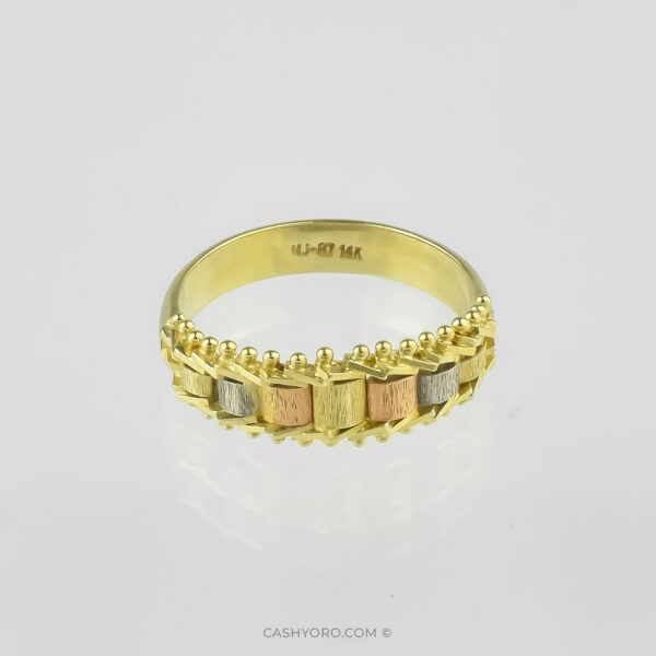Anillo de oro 3 tonos para dama 14 kilates peso 3.5 Gr, talla 7. kash y oro