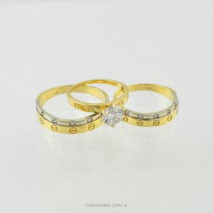 Juego de tres anillos de oro de 14 kilates con piedra de zirconia para matrimonio, peso 9.3 Gr Cash y oro
