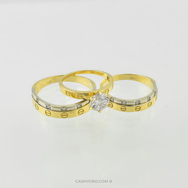 Juego de tres anillos de oro de 14 kilates con piedra de zirconia para matrimonio, peso 9.3 Gr Cash y oro